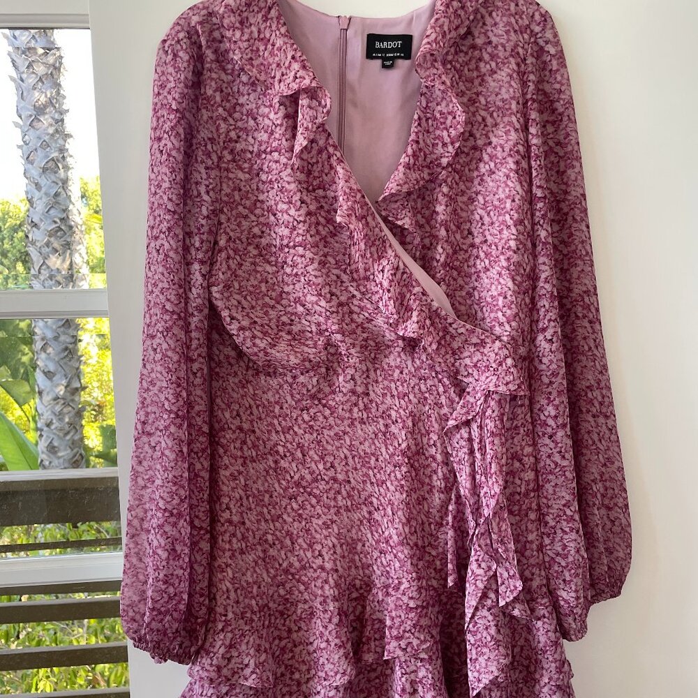 Bardot Ruffled Hem Mini Dress with Long Sleeves and Vl-Neck, Fuschia Pink, 12
